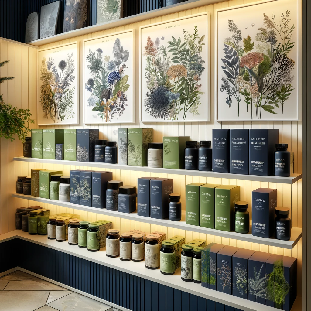 Here's a closer view of the serene and herbal-themed display of dietary supplements, now incorporating your preferred colors of navy blue and lime green, set against natural earth tones. The design blends modern aesthetics with traditional herbal elements beautifully