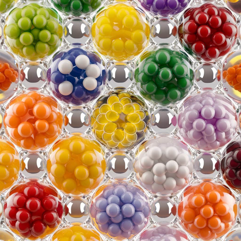 Et nærbillede af forskellige liposomale vitaminer og mineraler, indkapslet i små, boblelignende strukturer. Hvert liposom er fyldt med et levende og farverigt supplement, der skaber et visuelt tillokkende display. Baggrunden er et rent, hvidt rum, der fremhæver glansen af ​​hvert indkapslet næringsstof.