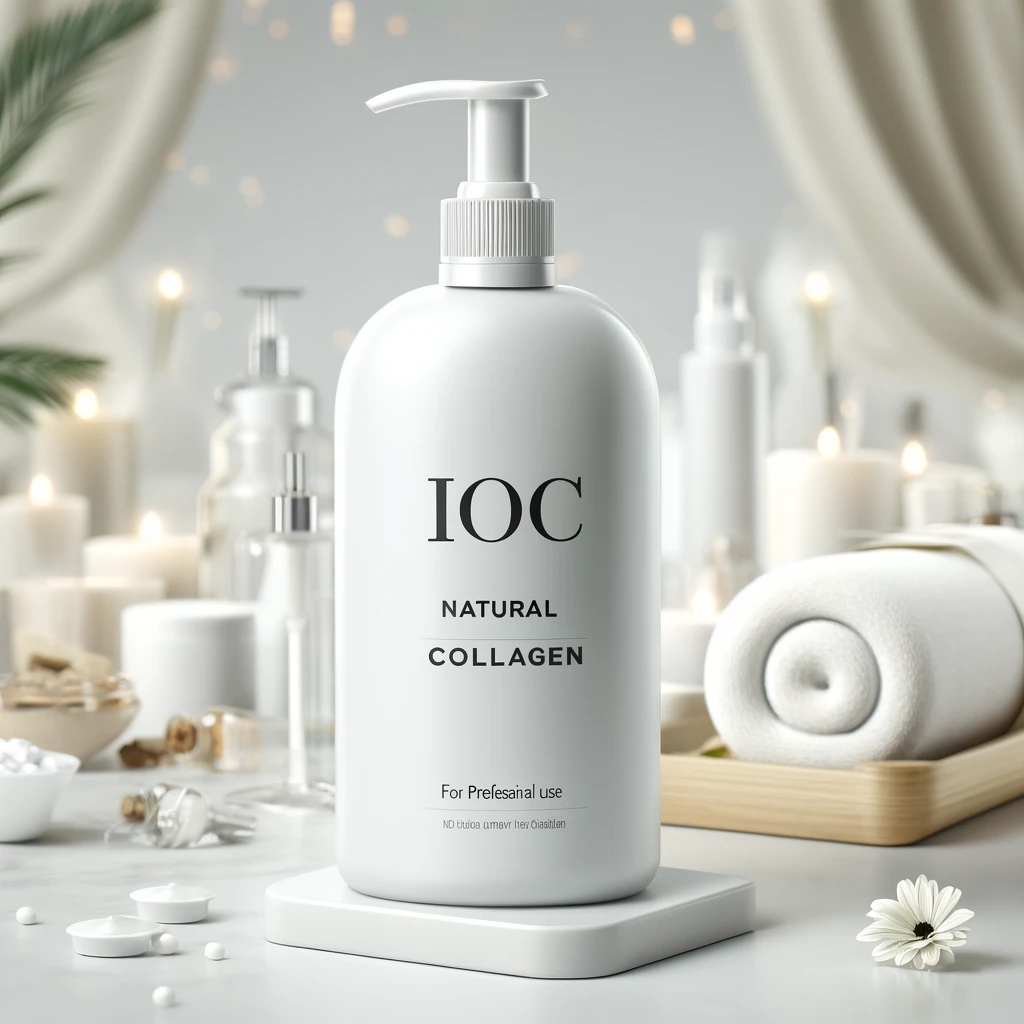 premium advertisement for 'IOC NATURAL COLLAGEN', suitable for professional spa and salon use